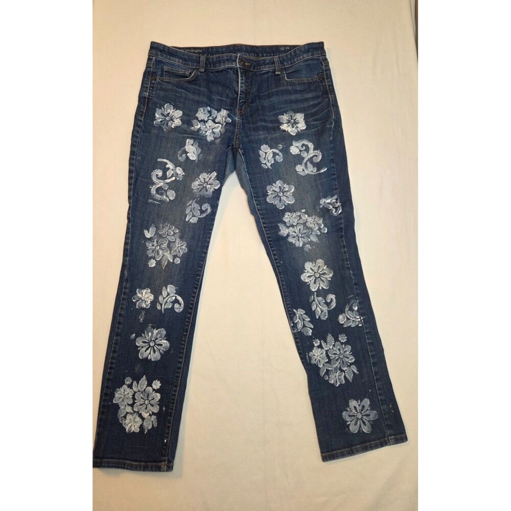 Jeans  Women's 18W Floral  White Painted Print Slim Straight Denim